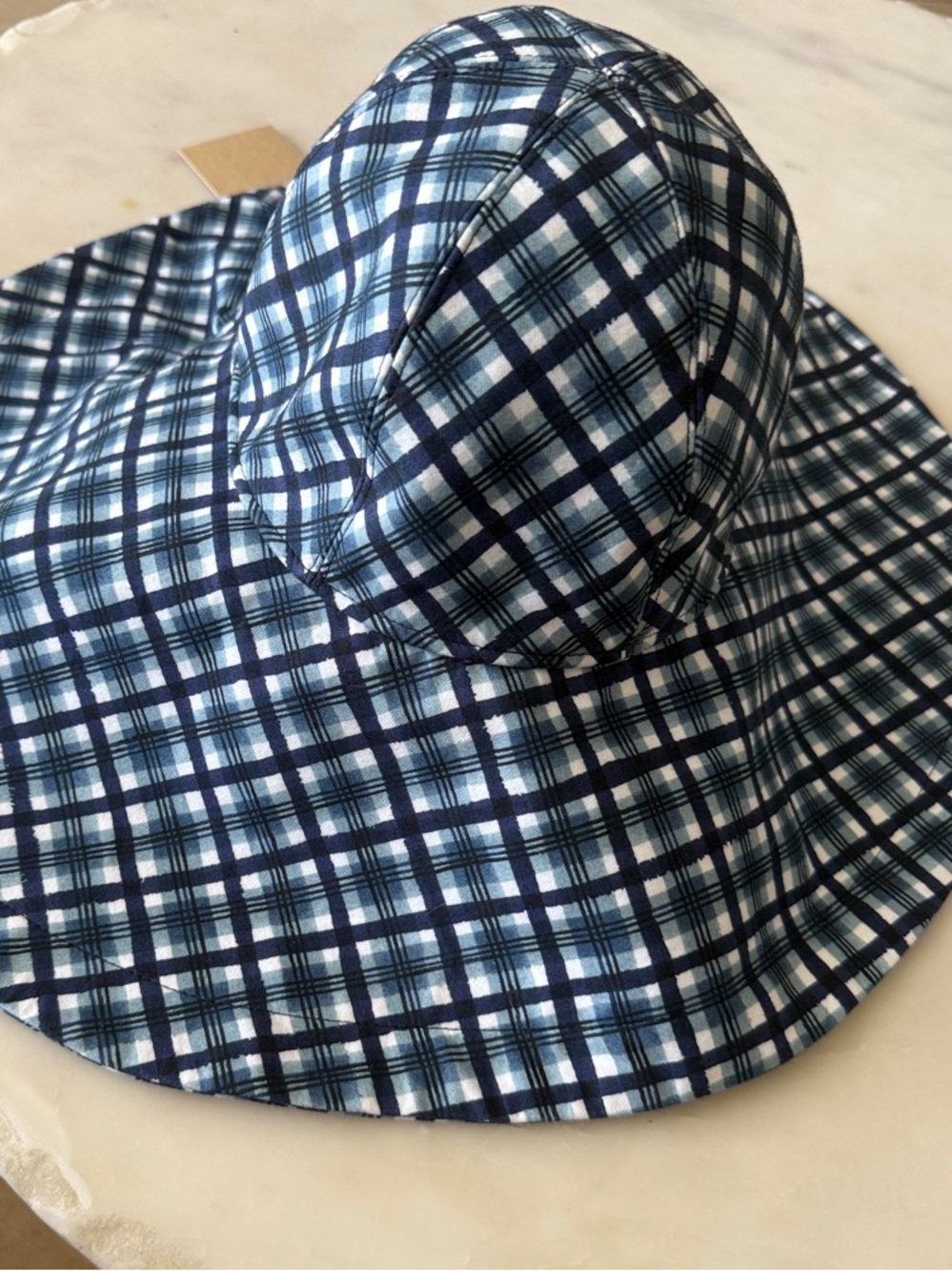 Michael Kors Collection Plaid Wide-Brim Hat in Navy and Light Blue